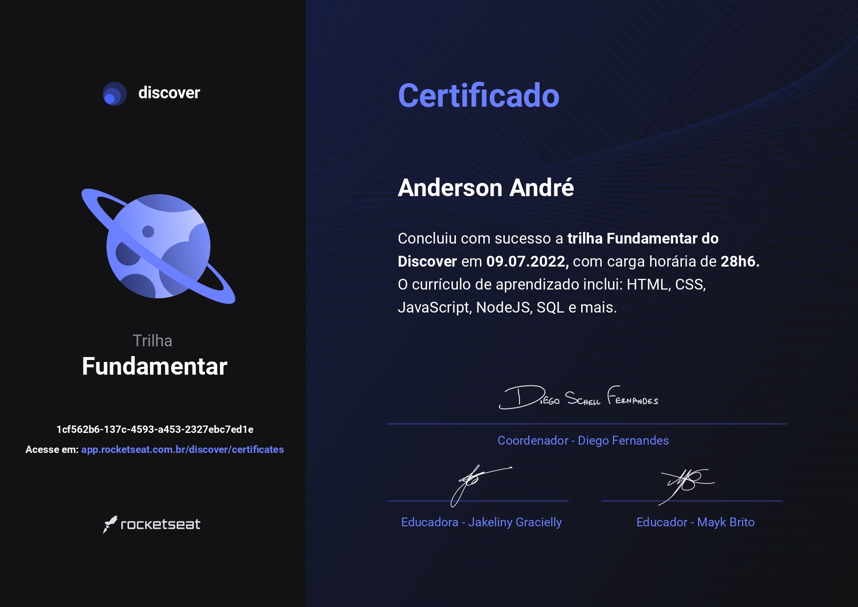 Certificado do curso de Discover