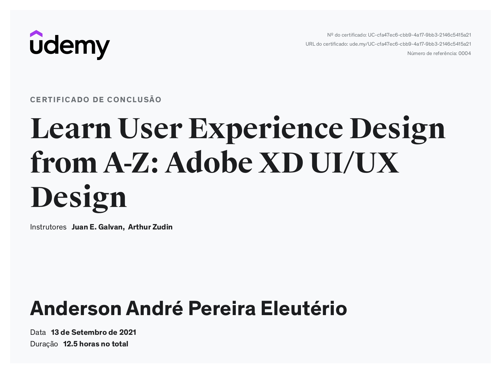 Certificado do curso de Design de Experiência do Usuário