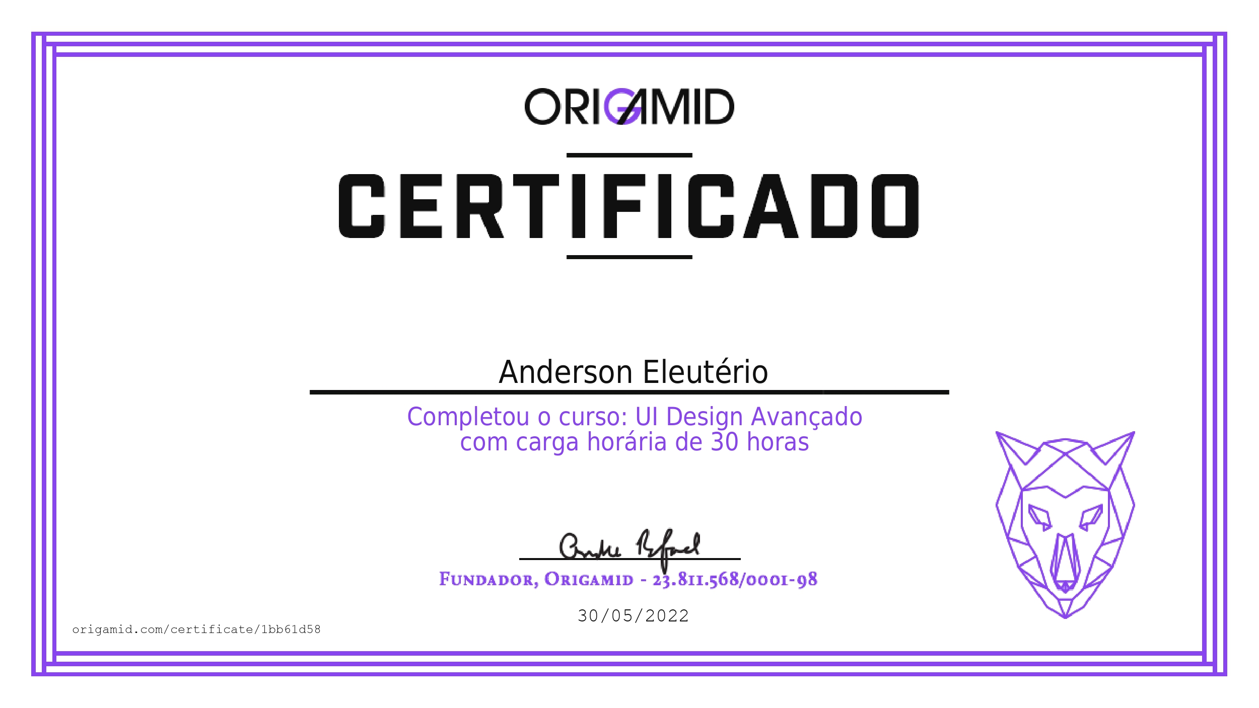 Certificado do curso de Design Avançado