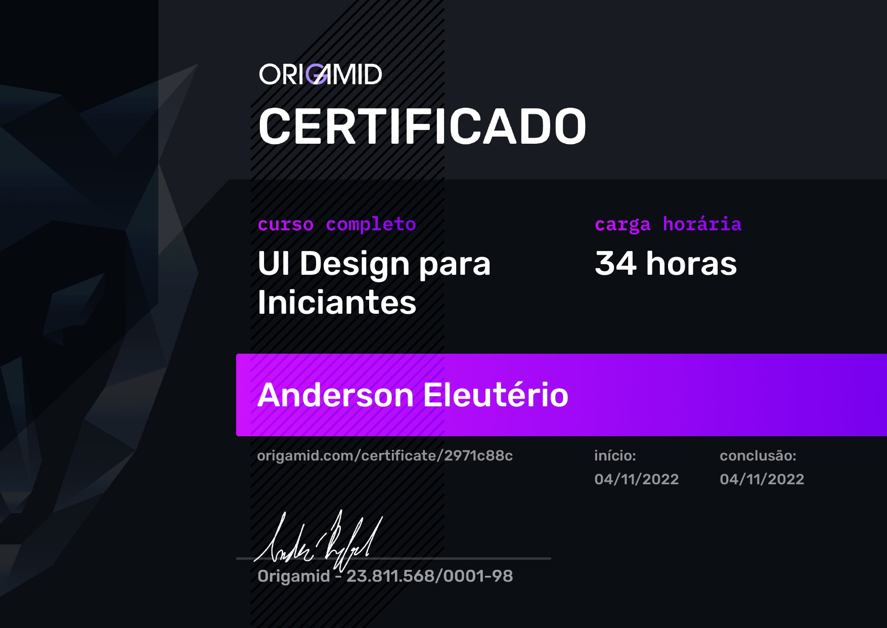 Certificado do curso de UI Design para Iniciantes