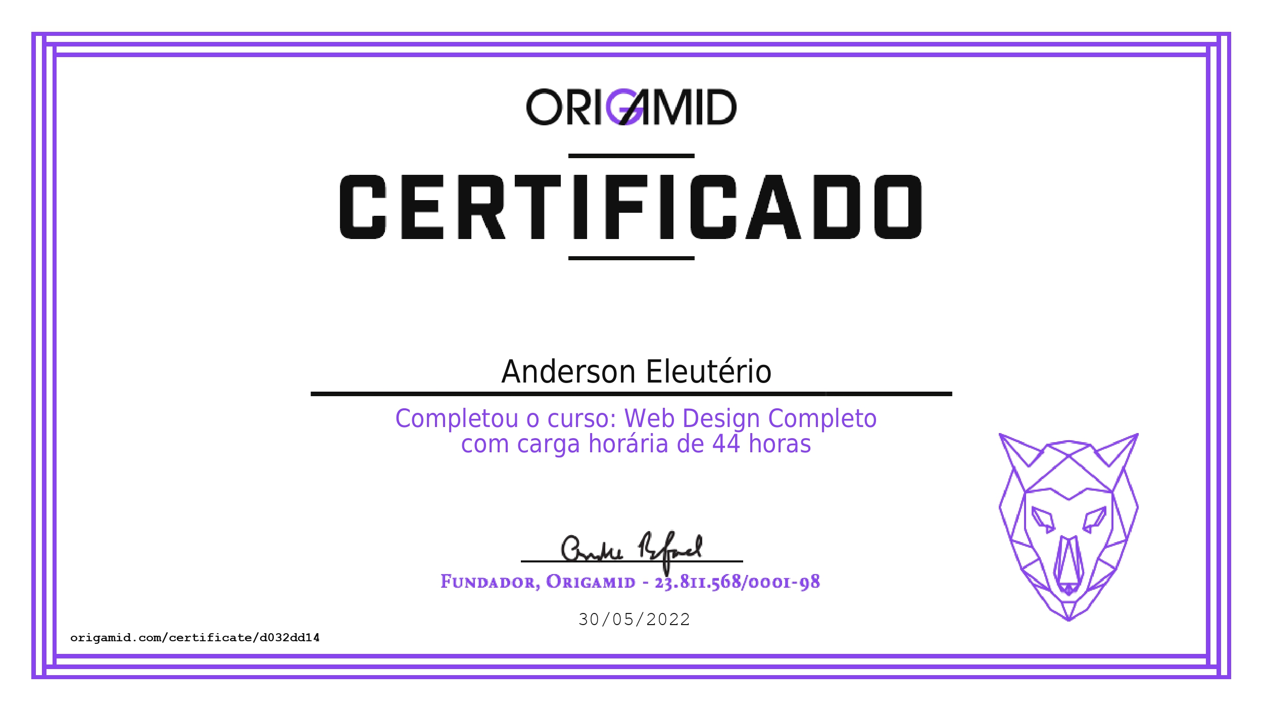 Certificado do curso de Web Design Completo